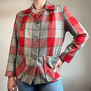 Vintage Womens Red Gray Wool Plaid Checkered Retro Chore 1960s Jacket Coat Sz M 