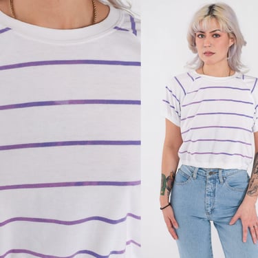 80s Striped Shirt -- White Purple Slouchy Shirt Crewneck Crop Top Vintage Slouch Dropped Armhole Short Sleeve Small 