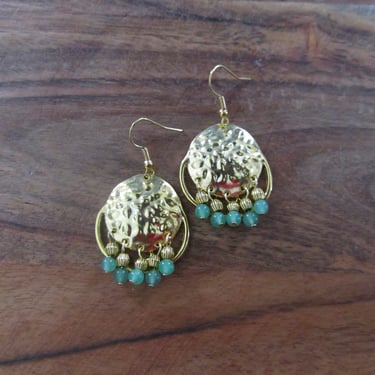 Chandelier earrings, hammered gold and jadeite 
