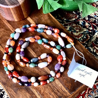 Vintage Mixed Agate Rope Necklace Polished Natural Stones Rainbow Extra Long 50” Artisan Handmade 