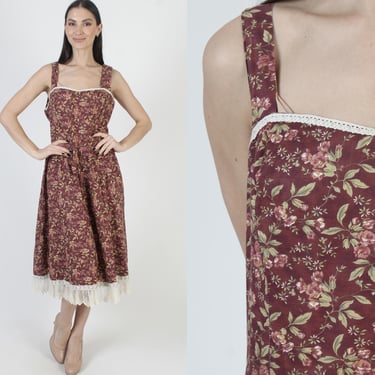 70s Bohemian Calico Floral Dress, Back Corset Tie, Renaissance Fair Sundress, Prairie Homespun Midi 