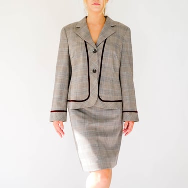 LOUIS FERAUD Gray Plaid & Merlot Velvet Schoolboy Skirt Suit Unworn w/ Neiman Marcus Tags | Made in Hungary | DEADSTOCK | Y2K Designer Suit 