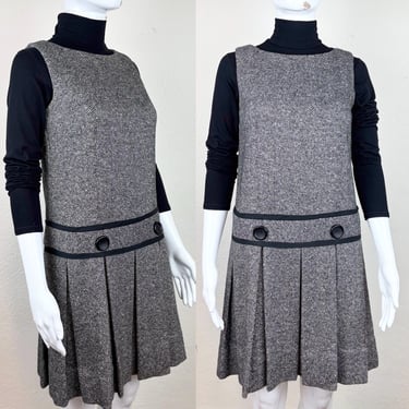 Vintage 60s Drop Waist Black and White Herringbone Tweed Wool Pleated Sleeveless Jumper Dress XS 