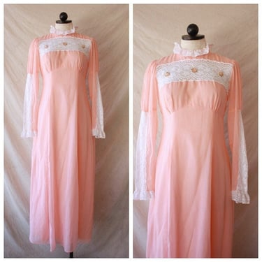 60s 70s does Regency Maxi Dress Pink High Neck Victorian Cottagecore Size XS / S 