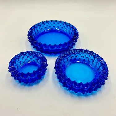 Fenton Blue Glass Hobnail Stacking Ashtrays, Bowls, Trinket Dishes, Nut Dishes, Vintage Glassware, Cobalt Blue Mid Century Glass, Set of 3 