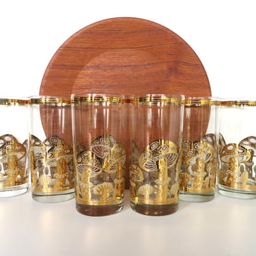 Set Of 6 Culver Mushroom Highballs, Hollywood Regency 22kt Gold Cocktail Barware Set 