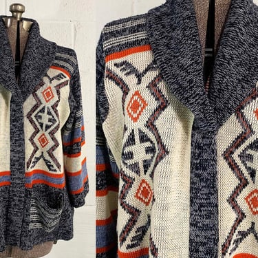 Vintage Space Dyed Cardigan Sweater 3/4 Sleeve Open Front Lane Bryant Knit Twin Peaks Blue Oversized Boho Plus Size Volup 2XL XL 1970s 
