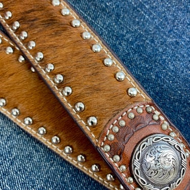 Vintage Concho Belt with Studded Cow Fur & Tooled Leather - Western Filigree Buckle - NOCONA Belt Co - Size 35 to 39 Inch Waist 