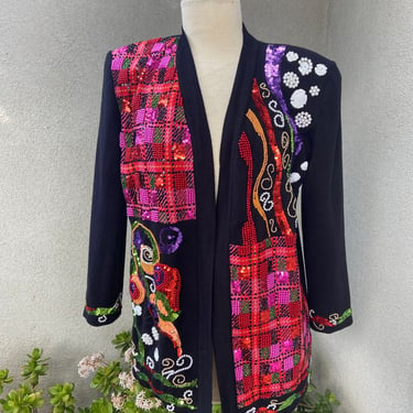 Vintage 80s Diane Freis Knit cardigan black wool blend lined sequins beads front trim sz S/M 
