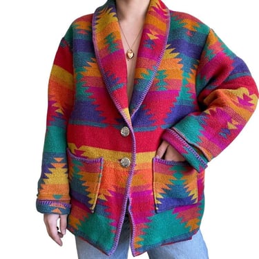 Vintage Handmade Neon Western Cowgirl Faux Fleece Ranchwear Aztec Jacket Sz L 