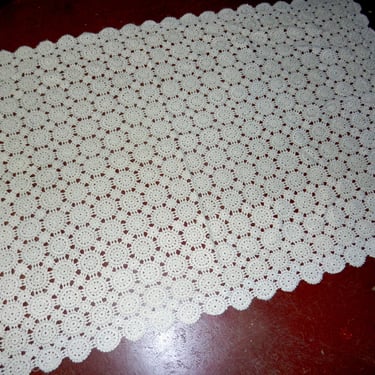 50" x 33" Medallion Crocheted Tablecloth~ Table Topper Vintage Handmade Weighted Thick Embroidery~ French Dessert Table Wedding Linen~ 