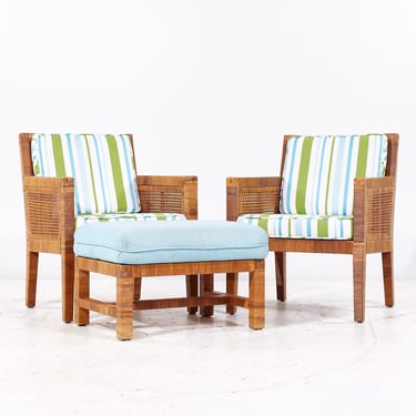 Billy Baldwin for Bielecky Brothers Mid Century Rattan, Cane and Brass Lounge Chairs with Ottoman - mcm 