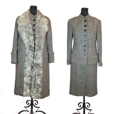 1930s Suit Set ~ Three Piece Grey Wool Suit and Curly Lamb Fur Trimmed Coat by Arnold Constable 