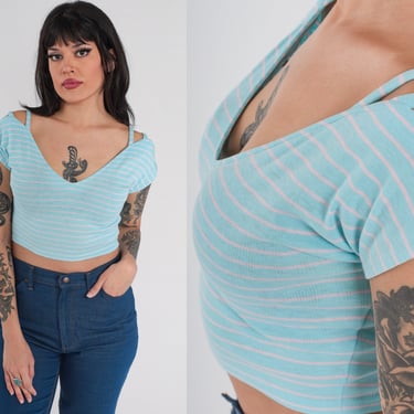 80s Crop Top Blue Pink Striped Shirt Retro Cropped Off Shoulder V Neck Casual Blouse Festival Summer Party Tshirt Vintage 1980s Small 