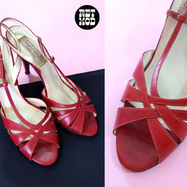 Vintage 70s 80s Red Strappy Heeled Sandals by Barefoot Originals 