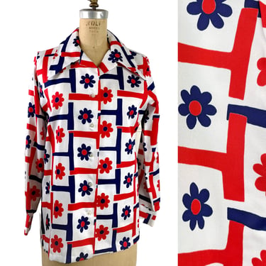 1970s red, white and blue flower power blouse by Shapely - size medium 