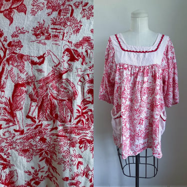 Vintage 1960s Red Toile Smock Top / up to 45