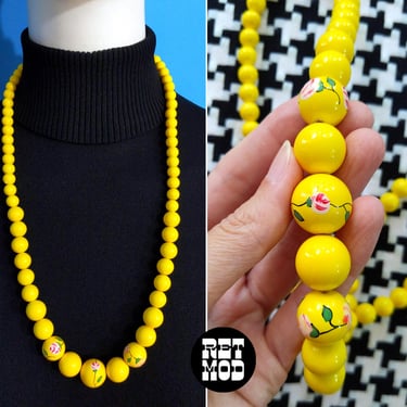 Unique Hand-Painted Vintage 60s 70s Yellow Beaded Long Necklace with Roses 