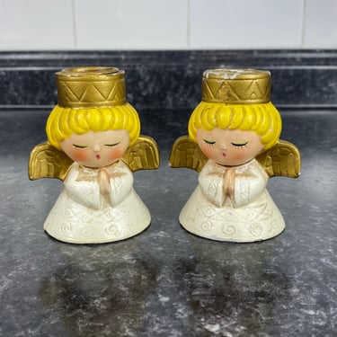 Vintage Christmas Angel Candle Holders, Hand Decorated, Praying Angels, Yellow Hair Gold Wings, HF Co. Artistically Hand Painted Japan 