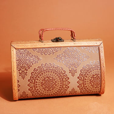 70s Wood Handle Brocade Purse Vintage Pattern Closure Bag 