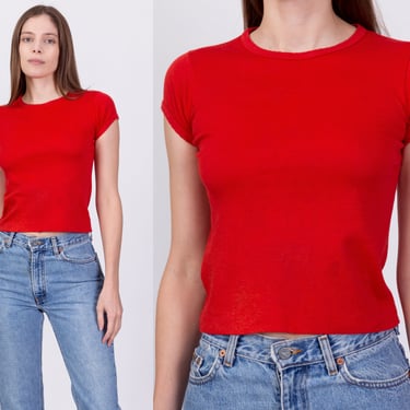 70s Red Fitted Distressed Cropped Tee - Extra Small | Vintage Plain Crop Top T Shirt 