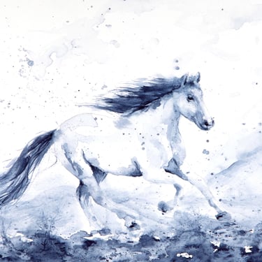 Original Watercolor of Expressive Horse - blue indigo - loose watercolor style - expressive original artwork - framed horse artwork 