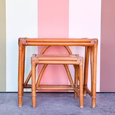 Pair of Old Florida Rattan Nesting Tables