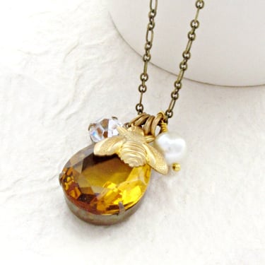 Topaz Bee Necklace,  Brass Bee Charm Pendant, Honey Bee Necklace with Pearl and Crystal 