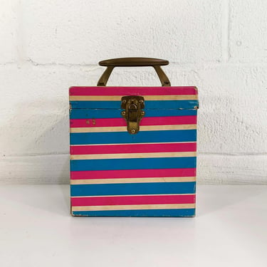 Vintage 45 Box Record Case Holder Storage Mid-Century Retro Vinyl Records Music Musical Pink Blue Gold Plastic Handle Mod Stripe Striped 