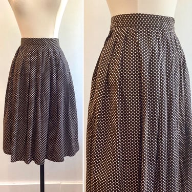 Vintage 50s Skirt / FULL Skirt / POLKA-DOT Print Beige + Black / Waist Pleats + Side Zip / M 