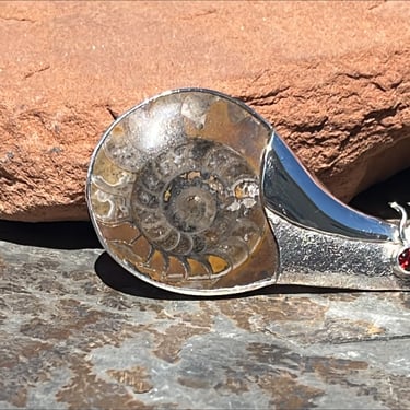 Vintage Sterling Silver and Stone Snail Fossil with a Red Eye Pin / Brooch / Pendant 