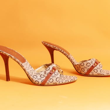 90s Beige Brown Monogram Leather Stiletto Mule Heels Vintage Y2K Buckle Guess Designer Fabric Slip On Heels 