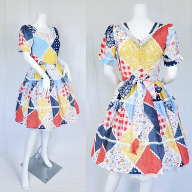 1970's Bandana Print Pastel Faux Patchwork Square Dance Dress I Sz Med I De Loris 