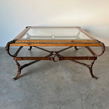 Vintage Adnet Hermes - Style Faux Leather Equestrian Design Metal Base Decorative Coffee Table 