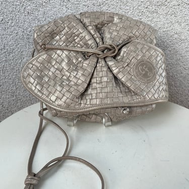 Vintage Carlos Falchi 1980s grey metallic tones leather woven crossbody bag with strap 
