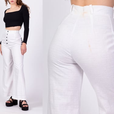 70s White Button Fly High Waisted Pants Small, 25.5" | Vintage Boho Wide Straight Leg Retro Trousers 