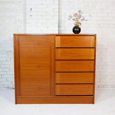 Vintage mcm tallboy dresser with 4 drawers and 3 shelves by Domino Furniture | Fee delivery in NYC and Hudson Valley areas 