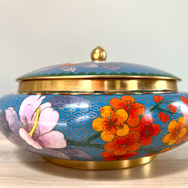 Large Vintage Cloisonné Round Box With Lid, Antique Chinoiserie Cloisonné Lidded Bowl 