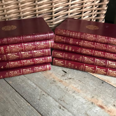 1910s Red Leather Book Set of 10, Robert Louis Stevenson, Gilded Lettering, Scottish Novelist, Poet 