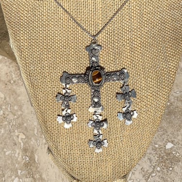 Vintage Mexican Sterling Silver Large Yalalag Cross Necklace with Tigers Eye Center Stone 