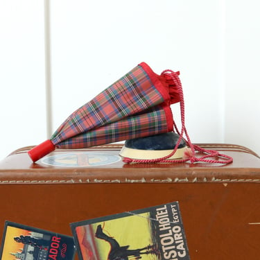 vintage 1950s novelty purse • mini red plaid umbrella wristlet with drawstring top and pockets 