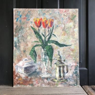 French Oil Painting, Floral Tulips in Vase, Still Life, Unframed, Oil on Board, Signed, Dated 