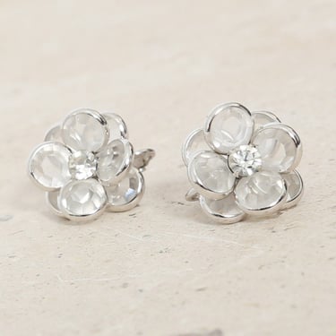 Vintage 60s crystal rhinestone jeweled flower clip on earrings 