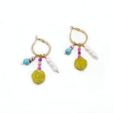 Colorful Flower Earrings, Beaded Charm Earrings, Flower Hoop Earrings, Freshwater Pearls, Statement Earrings, Garden Jewelry 