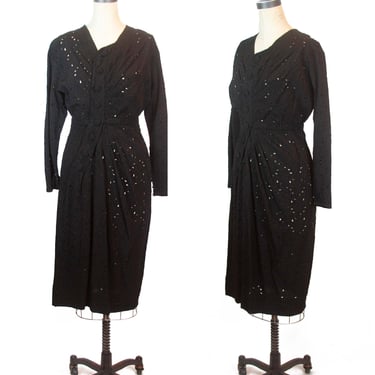 1940s Dress ~ Black Embroidered Floral Eyelet Gathered Wiggle Dress 