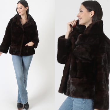 Cropped Dark Mahogany Mink Jacket, I. Magnin Short Fur Coat, Wedding Bridal Overcoat M L 