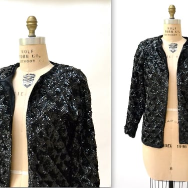 Vintage Black Sequin Jacket SIze Medium// 50s 60s Black Sequin Cardigan Jacket Size Medium 