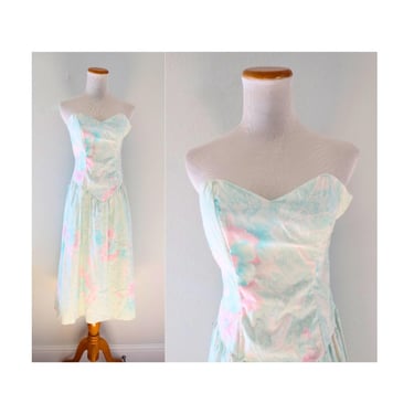 Vintage Strapless Summer Dress - Pastel Floral Print 80s 1980s Sundress - Size Small 
