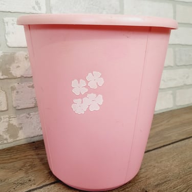 Vintage Pink with White Flowers Rubbermaid Waste Basket Trash Can 