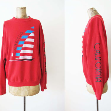 Vintage San Diego California Sweatshirt L - 1980s Red Stripe Sailboat Spell Out Sleeve Crewneck Pullover Jumper Thin Worn In 